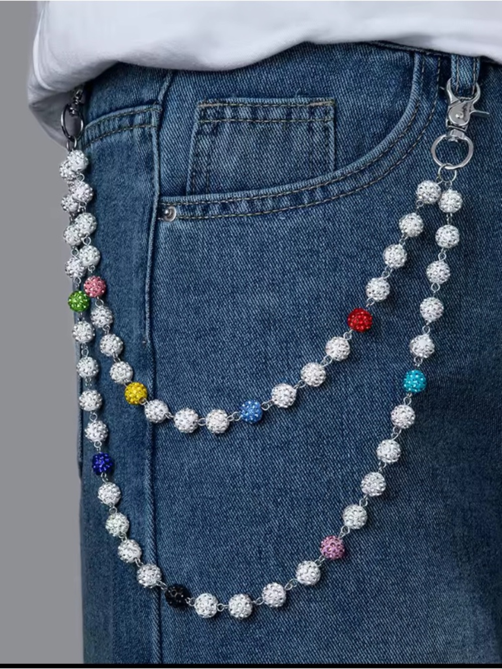 Multicolor Crystal Bead Wallet Chain Key Holder - Silver